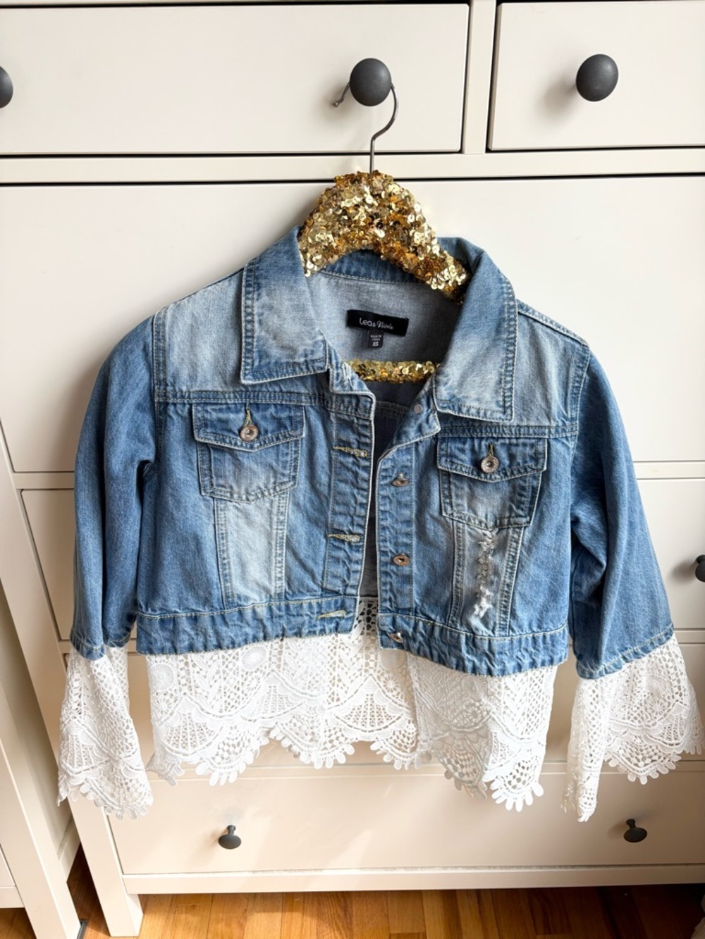 Leo & Viola Denim Jacket Distressed with Lace Crochet Details Bell Sleeve